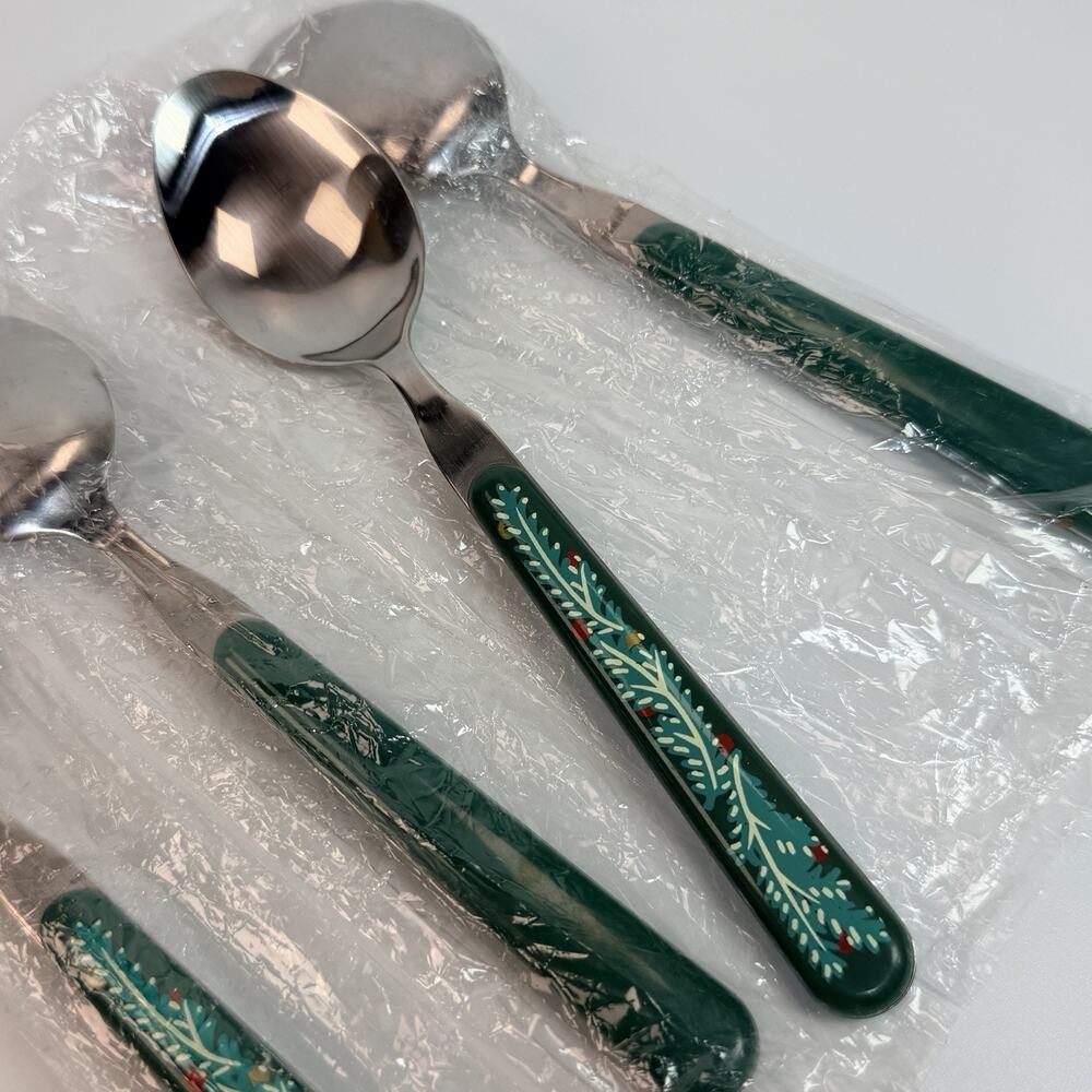 Set 4 Vtg Oneida Table Soup Spoon Christmas Green Garland Stainless Flatware